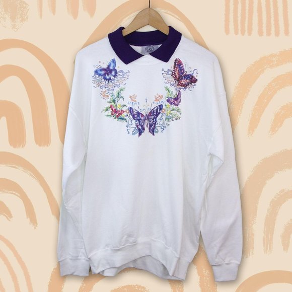 embroidered flowers Hand knit sweater size small purple butterflies